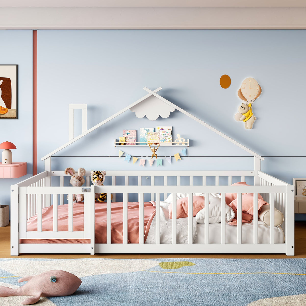 Children's Flatbed with House Rail and Locking Railing, 140x190 cm, White Pine Wood
