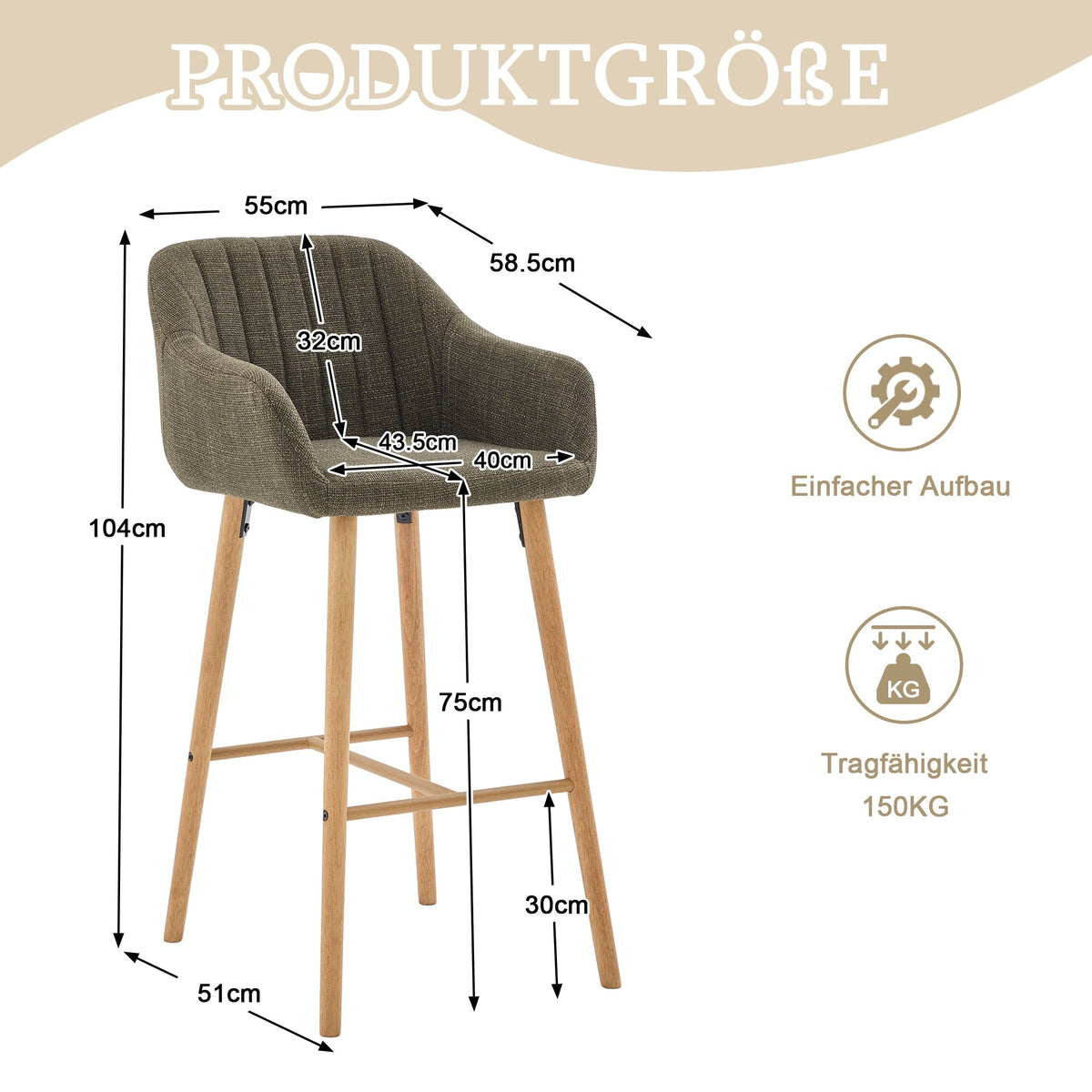 Modern European Bar Stools with High Backrest and Armrests, Set of 2, Beige Linen