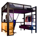 Metal Play Loft Bed with USB, LED, Desk and Wardrobe, 140x200cm, Black Metal