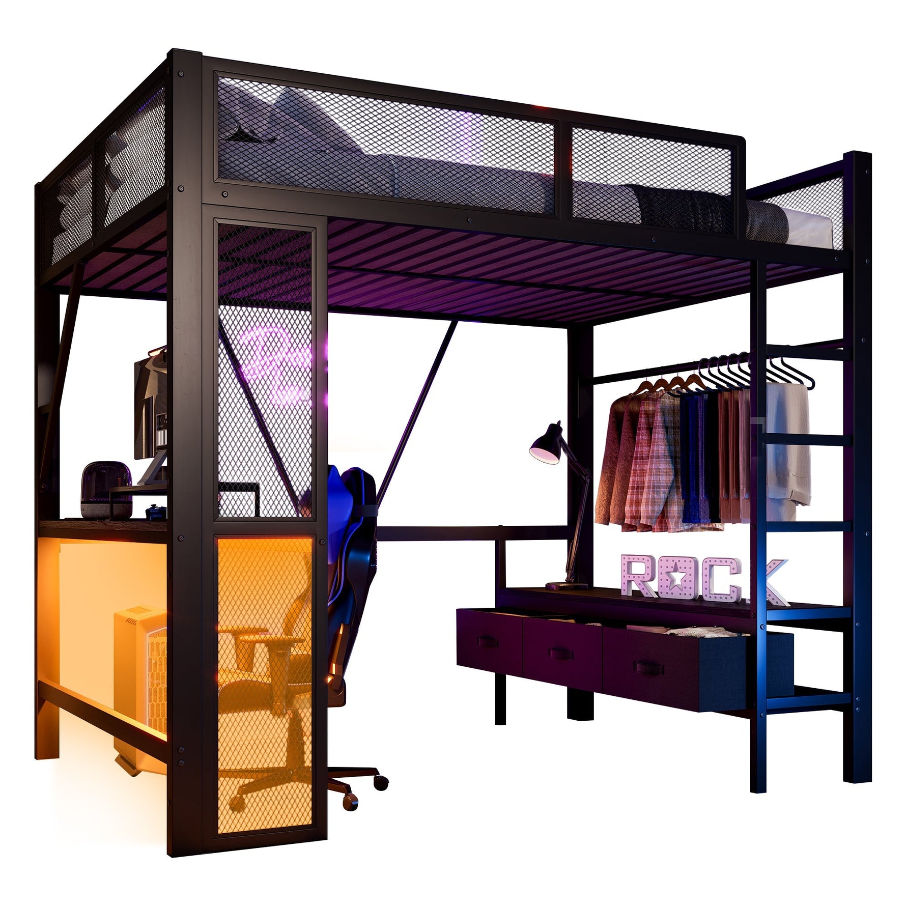 Metal Play Loft Bed with USB, LED, Desk and Wardrobe, 140x200cm, Black Metal