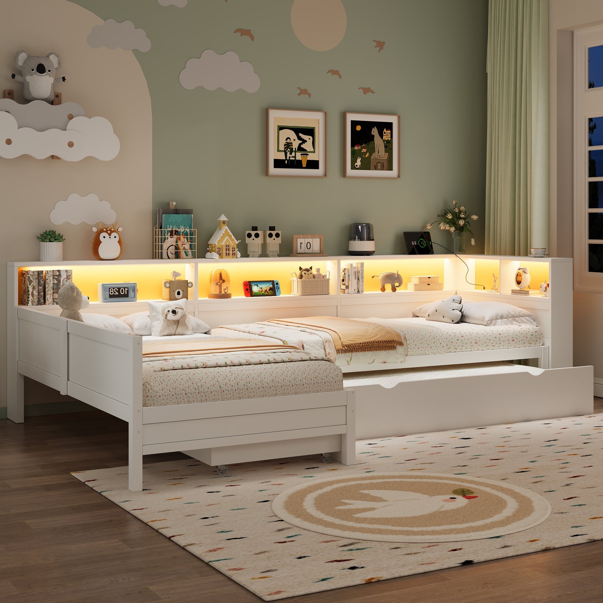 Wooden L-Shaped Platform Bed with Pull-Out Bed and Drawer, White