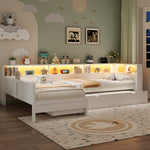 Wooden L-Shaped Platform Bed with Pull-Out Bed and Drawer, White