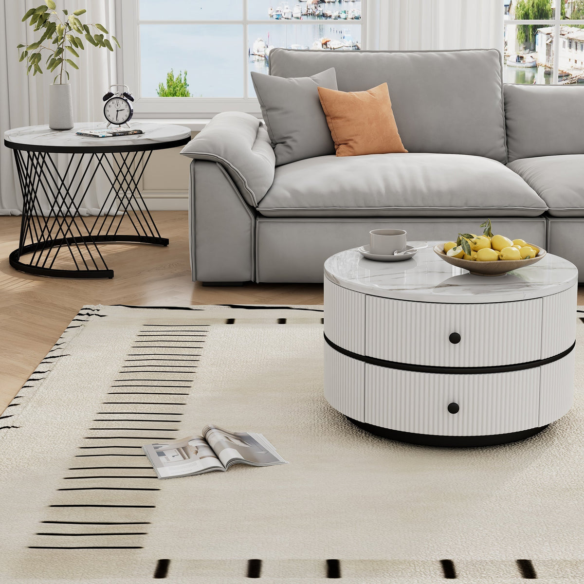Elegant 2-Piece Nesting Coffee Table Set, Round High-Gloss Marble Look with 2 Drawers, White