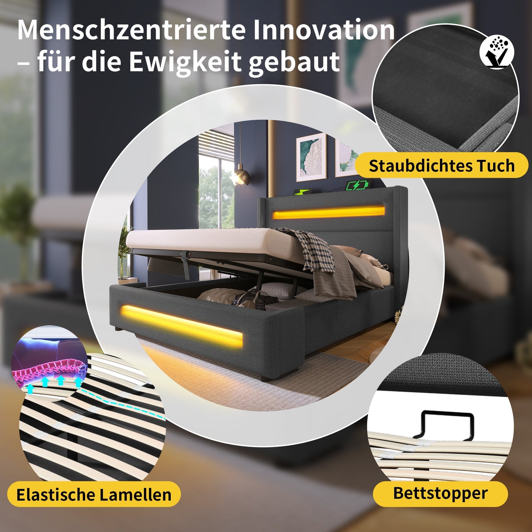 Upholstered Double Bed, 160x200 cm LED Storage with USB-C, Metal Frame, Gray Linen