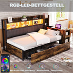 Iron Sofa Bed 90x200cm, Storage, Desk, LED/Sockets - Wood Color