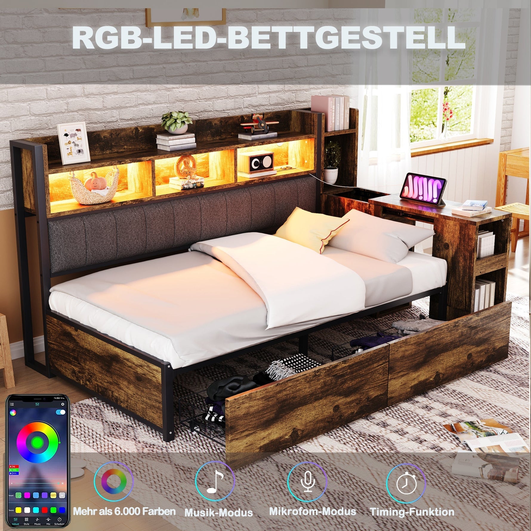 Iron Sofa Bed 90x200cm, Storage, Desk, LED/Sockets - Wood Color