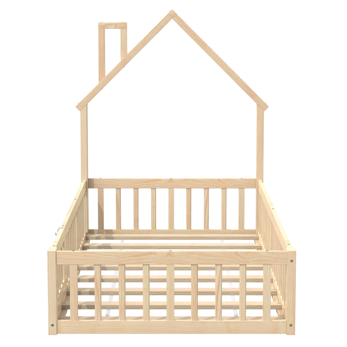 Children's House Bed 90x200 cm Chimney Shape, Natural Pine Wood