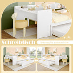 Wooden Flatbed Double Bed with Desk, Trundle and Shelves, White Pine and Chipboard