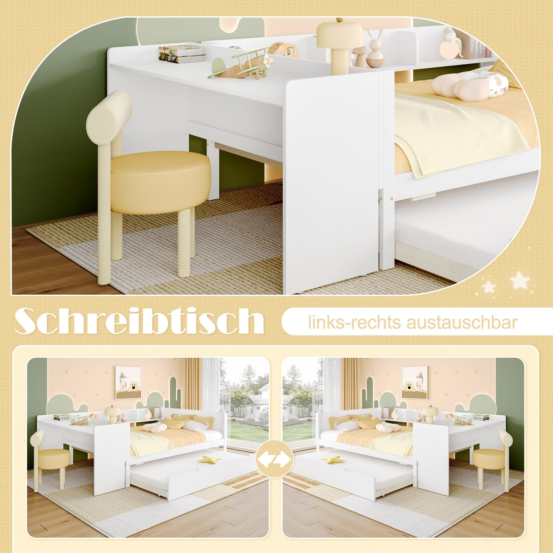Wooden Flatbed Double Bed with Desk, Trundle and Shelves, White Pine and Chipboard
