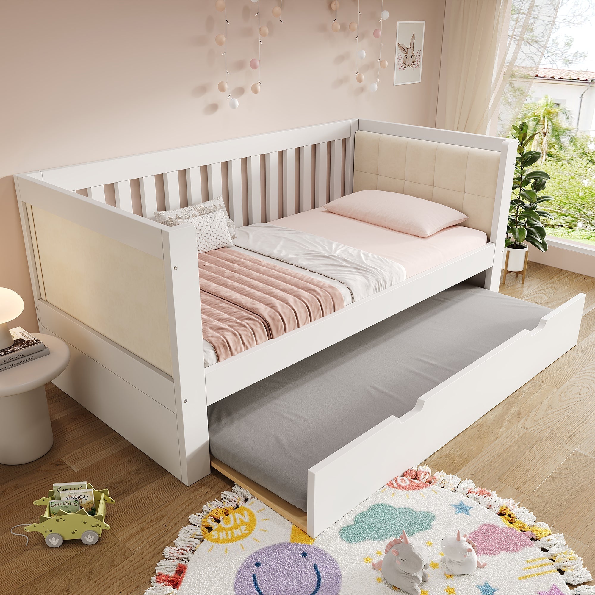 Daybed with Pull-out Bed, 90x190cm Space-Saving Design with Slatted Base, White Wood