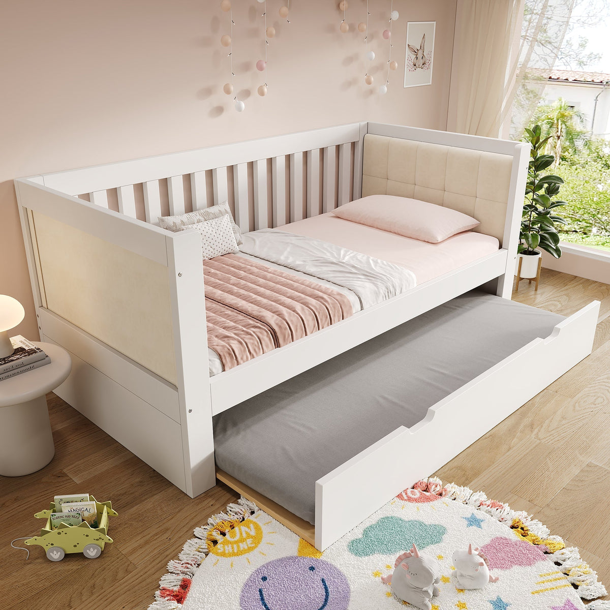 Daybed with Pull-out Bed, 90x200cm and 90x190cm, Space-Saving Wood, White