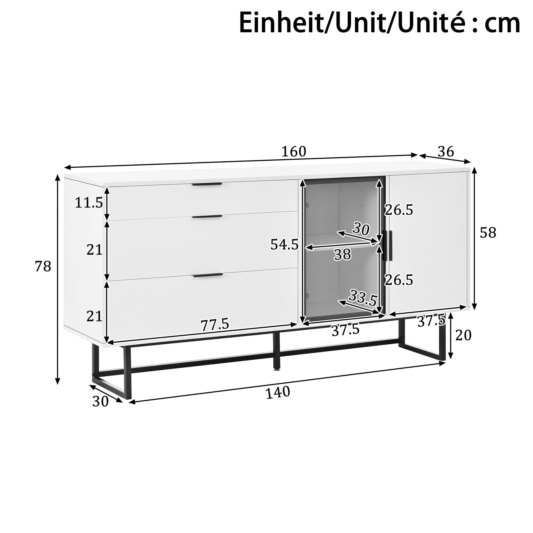 Sideboard Buffet Cabinet with 3 Drawers, Glass Doors and LED Lights, White Wood