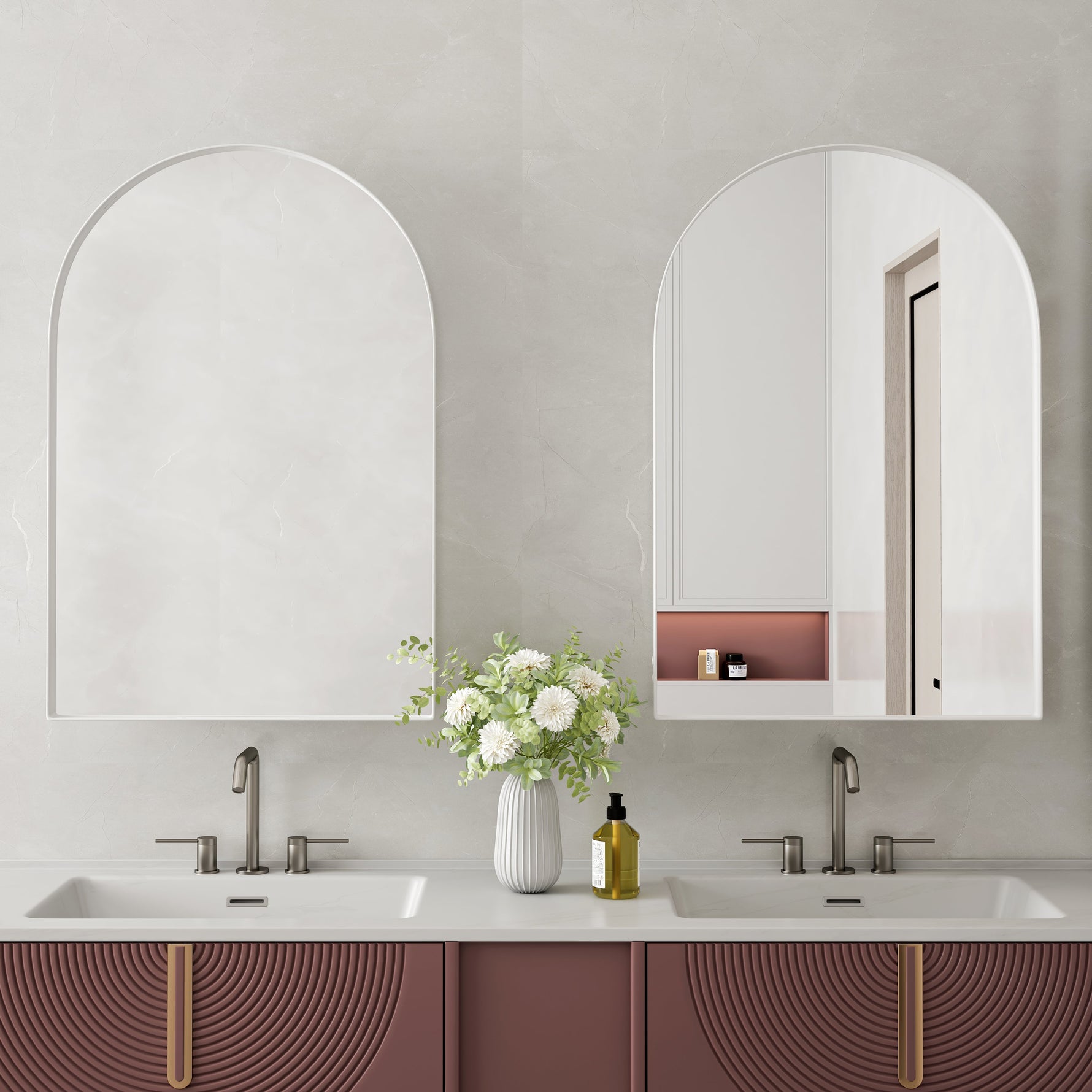 Arched Mirror Cabinet, Recessed/Wall Mount, Adjustable Shelves, White