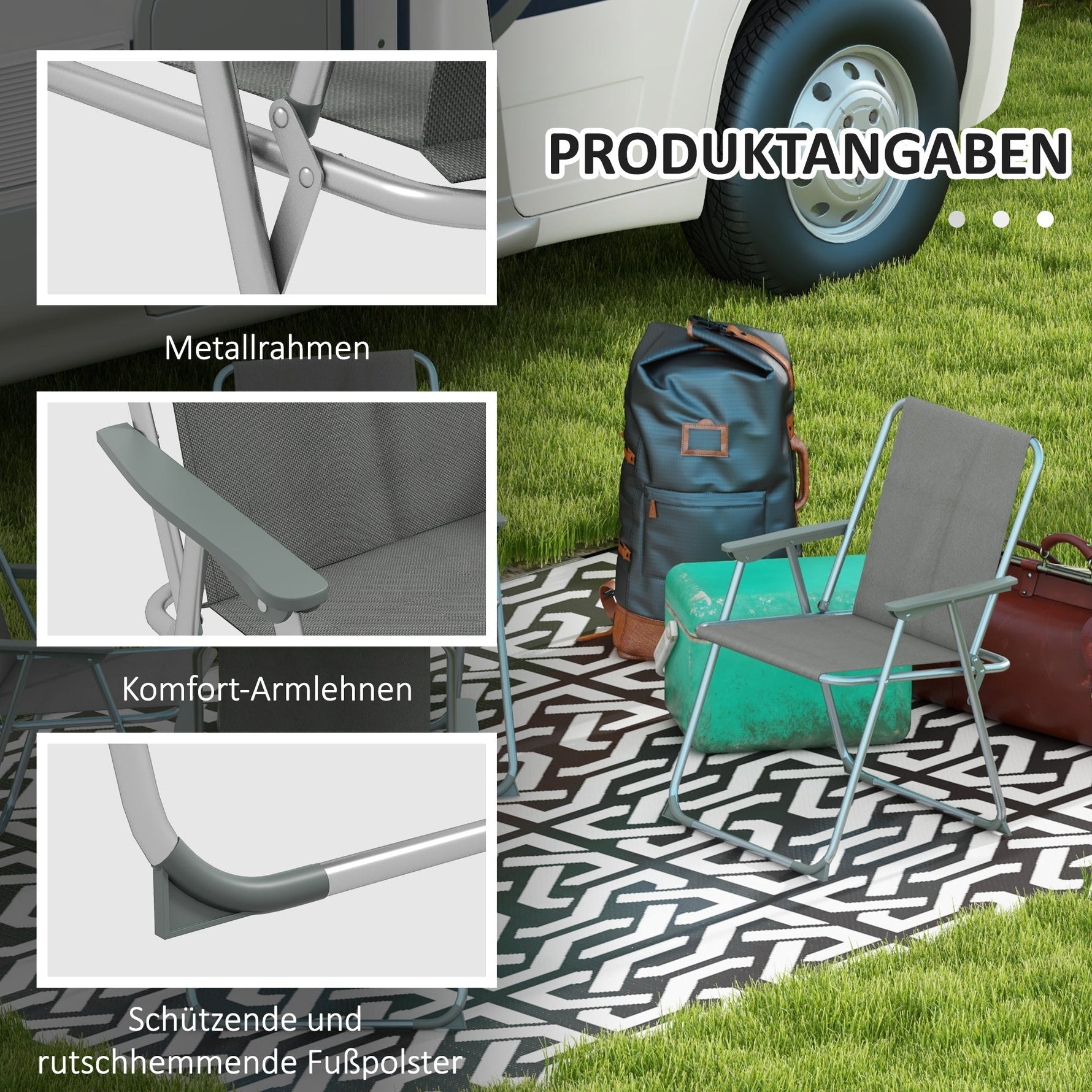 Folding Chair Set of 4, Foldable Garden Camping with Backrest Armrest, Oxford Grey