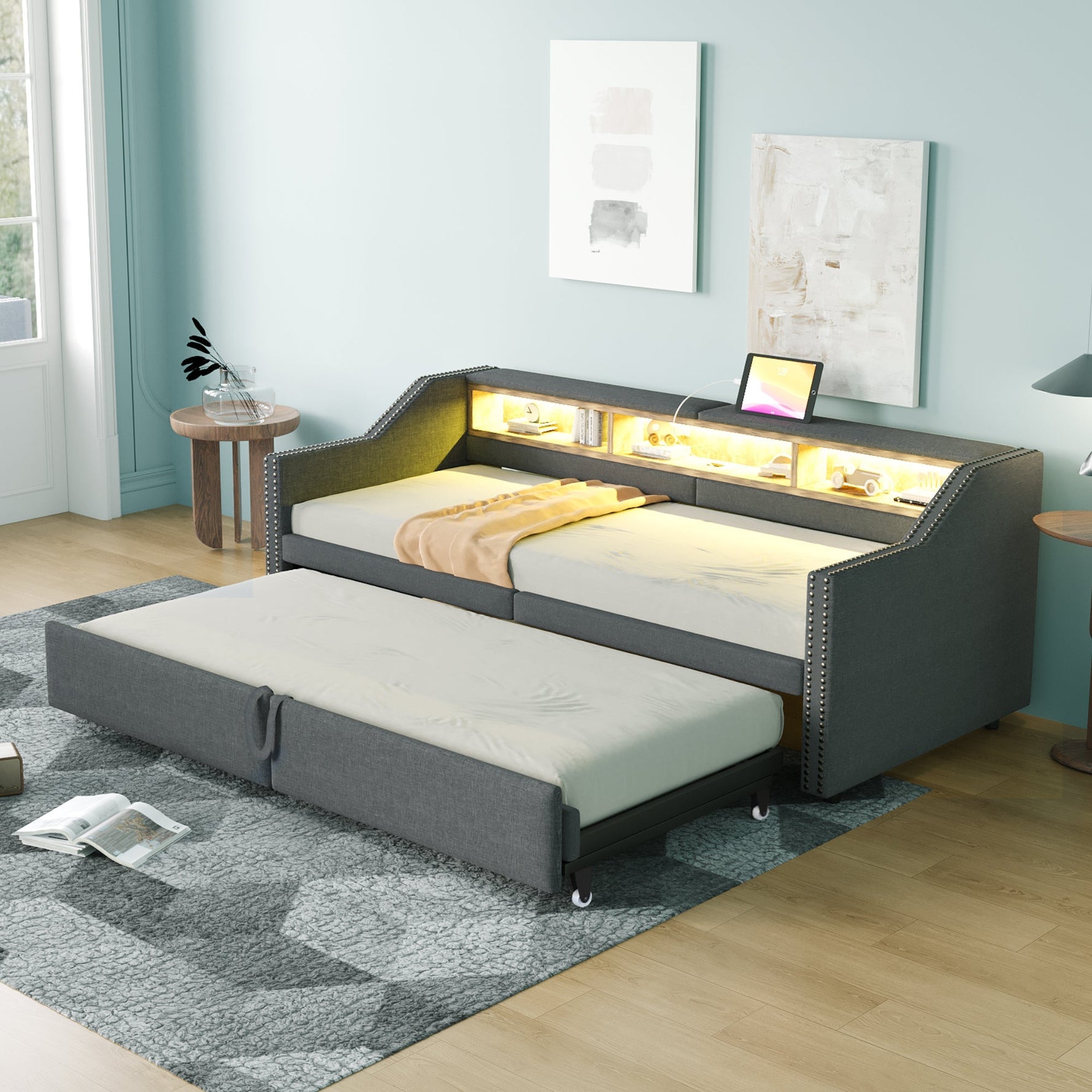 Upholstered Sofa Bed 90/180x200cm Extendable Storage LED USB - Dark Grey