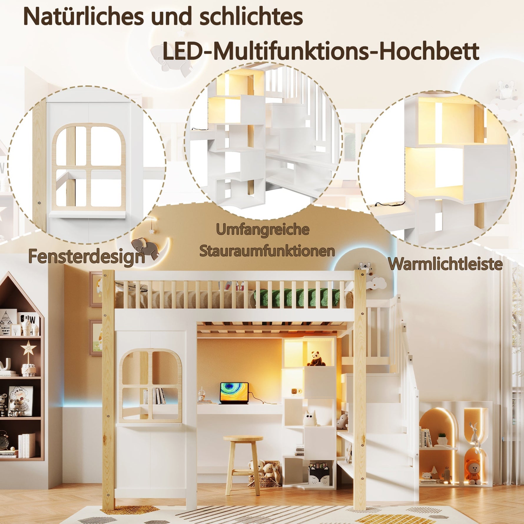 Loft Bed 140x200cm with LED Lights, Desk, and Storage Ladder, White + Natural