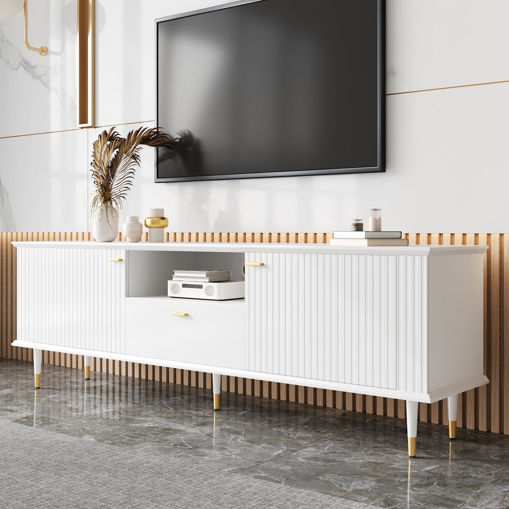 TV Cabinet with Open Compartments, Drawers, Soft-Close Hinges, Lacquered Textured Surface