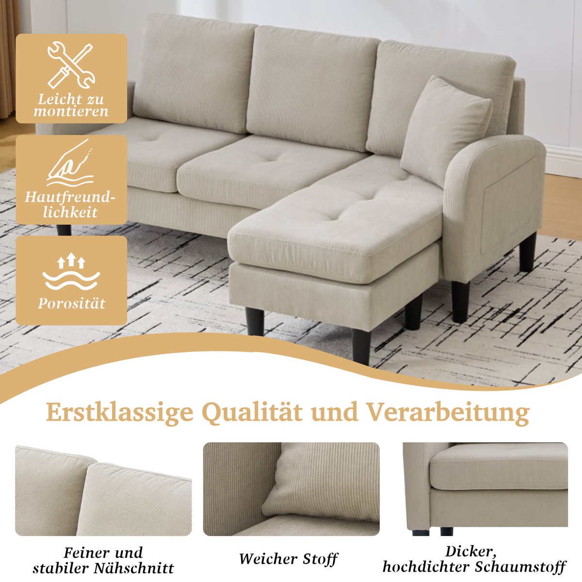 L-shaped Corner Sofa with Chaise Longue, 3-Seater Modular Design, Corduroy Fabric