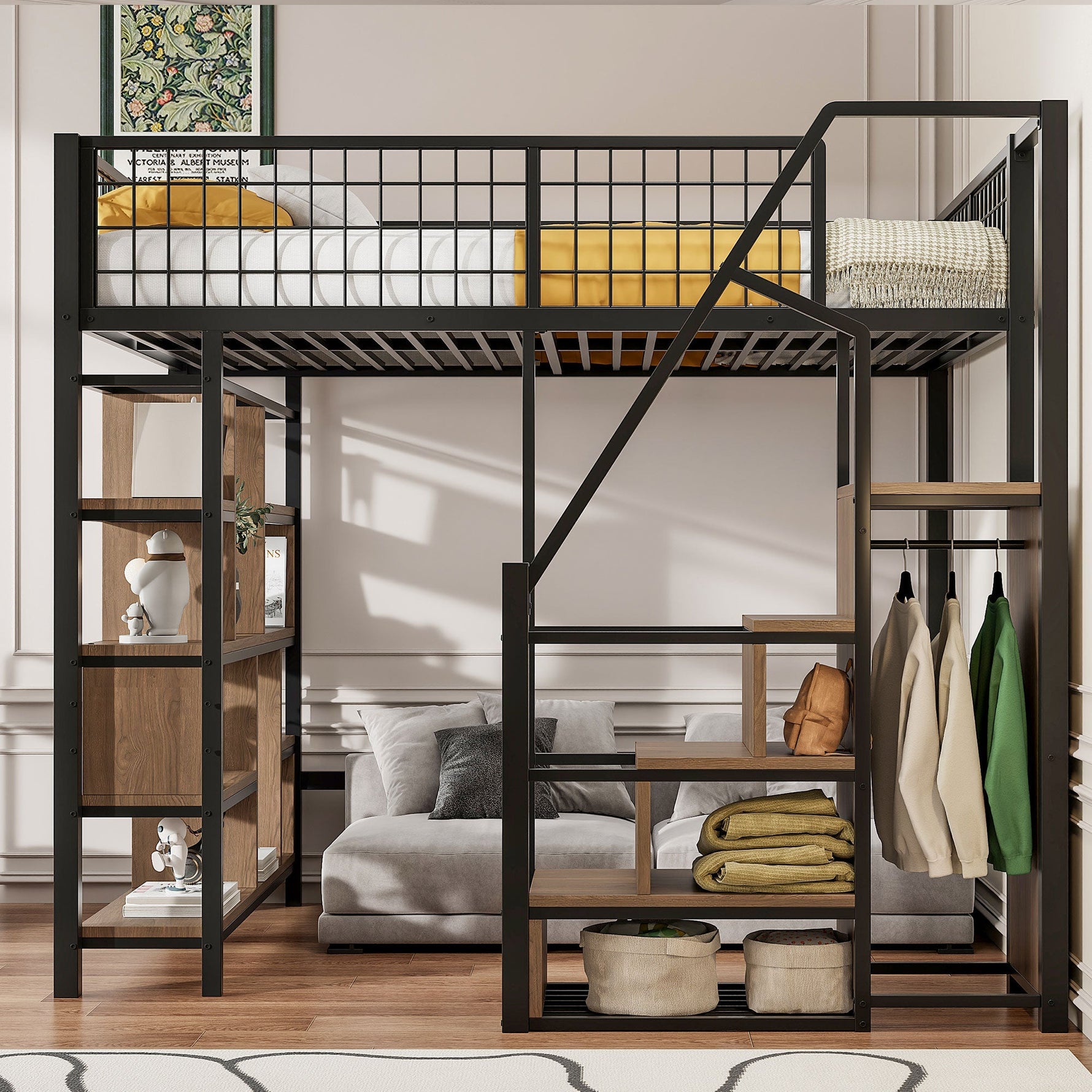 Loft Bed, Multifunctional with Storage & Stairs, 140x200 cm, Metal Black