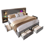 Complete Bedroom Bed Set with 2 Bedside Tables, 4 Drawers, USB and Reading Light, 180x200cm, Grey Velvet