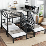 Iron Bunk Bed 3-Sleeper with Storage Stairs 90x200/140x200cm, Black
