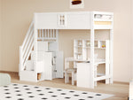 Solid Wood Loft Bed 90x200cm with Safety Door & Ladder, White