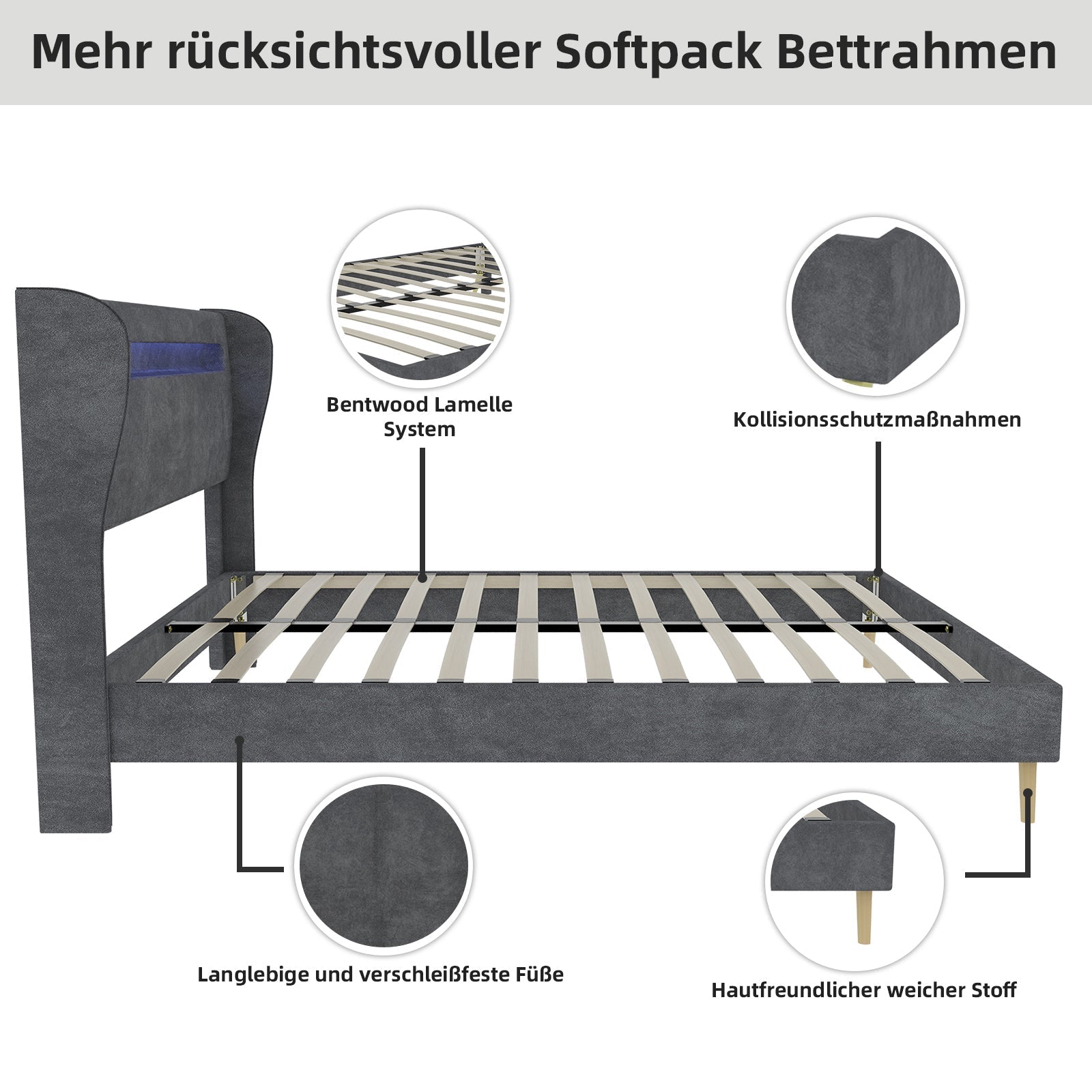 Upholstered Bed, Modern Minimalist LED Headboard, 160x200 cm, Grey