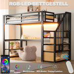 Metal Loft Bed with LED, Socket, Storage Ladder, Shelves and Desk, 90x200cm, Black Metal