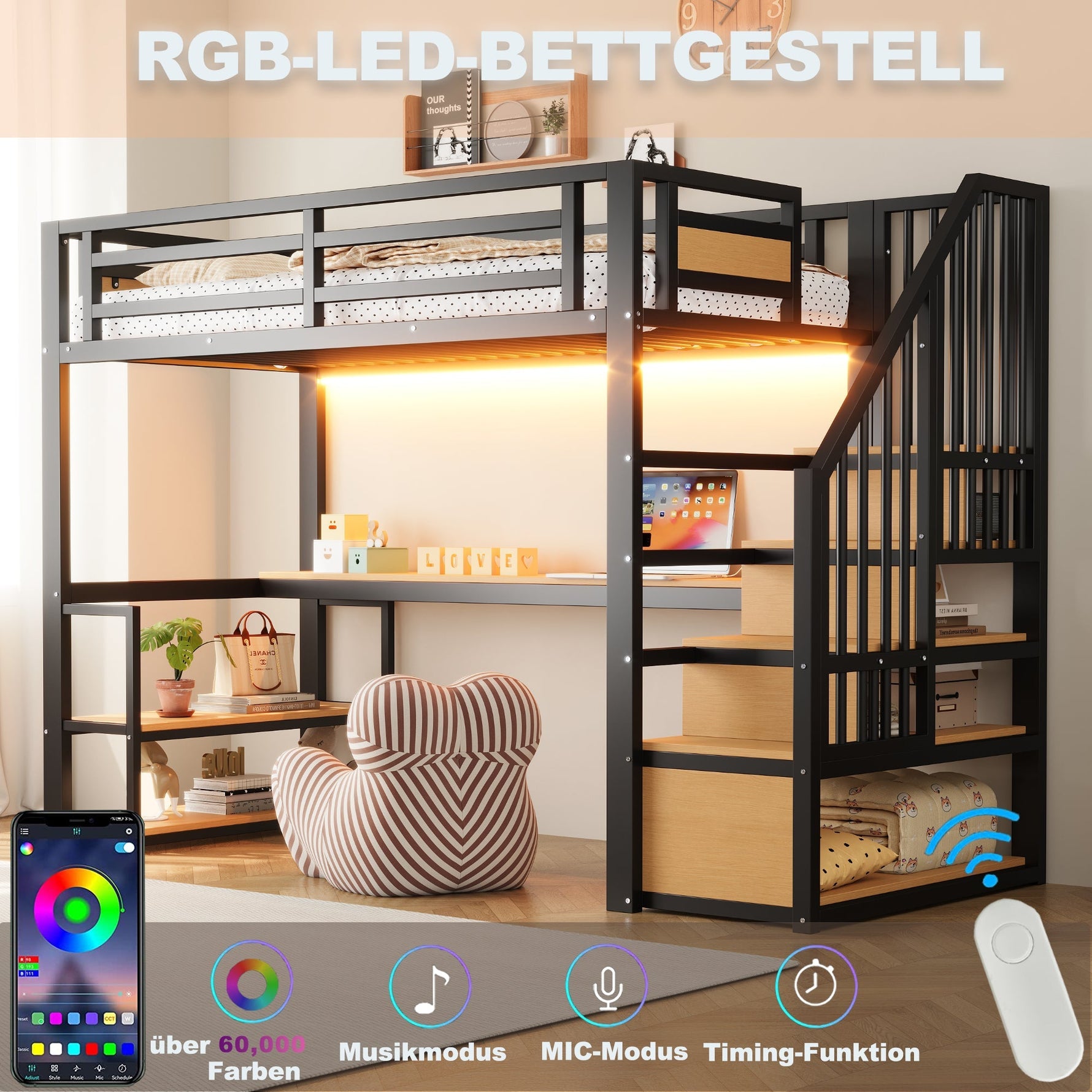 Metal Loft Bed with LED, Socket, Storage Ladder, Shelves and Desk, 90x200cm, Black Metal