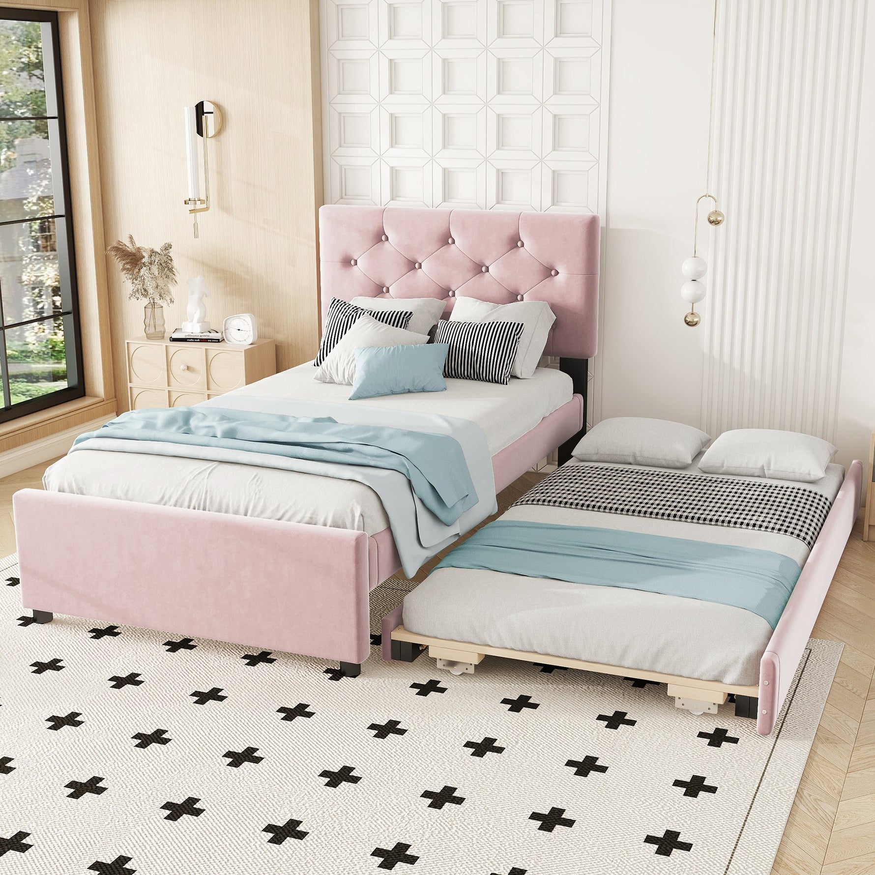 Upholstered Bed 90x200cm with Slatted Base and Rolling Storage, Pink Velvet