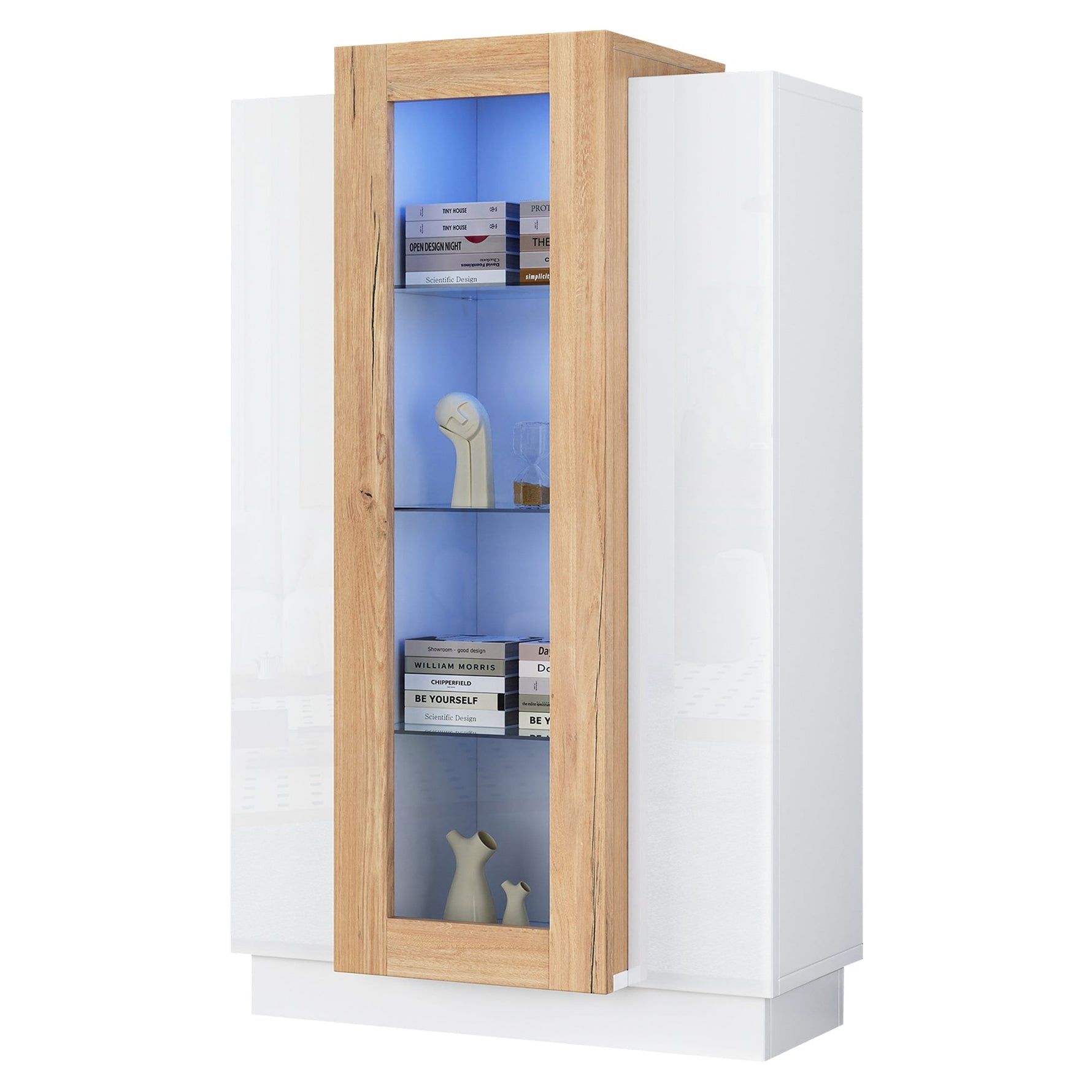 Living Room Cabinet, 3-Door High-Gloss LED Display, Glass Shelves & Drawer, Transparent