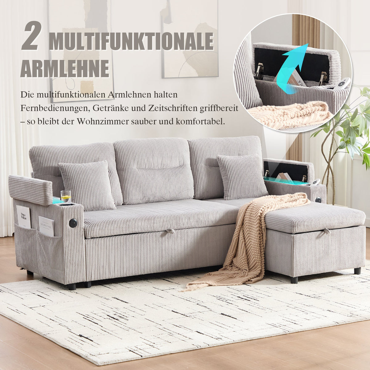 Modern 3-Seater Sofa with Storage, Cup Holders, USB-C and Pull-Out Bed, Corduroy