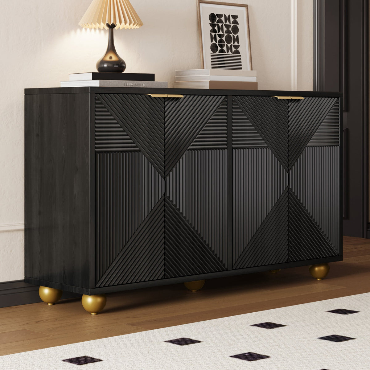Sideboard with Four Molded Doors and Adjustable Shelves, Metal Handles and Ball-Shaped Legs