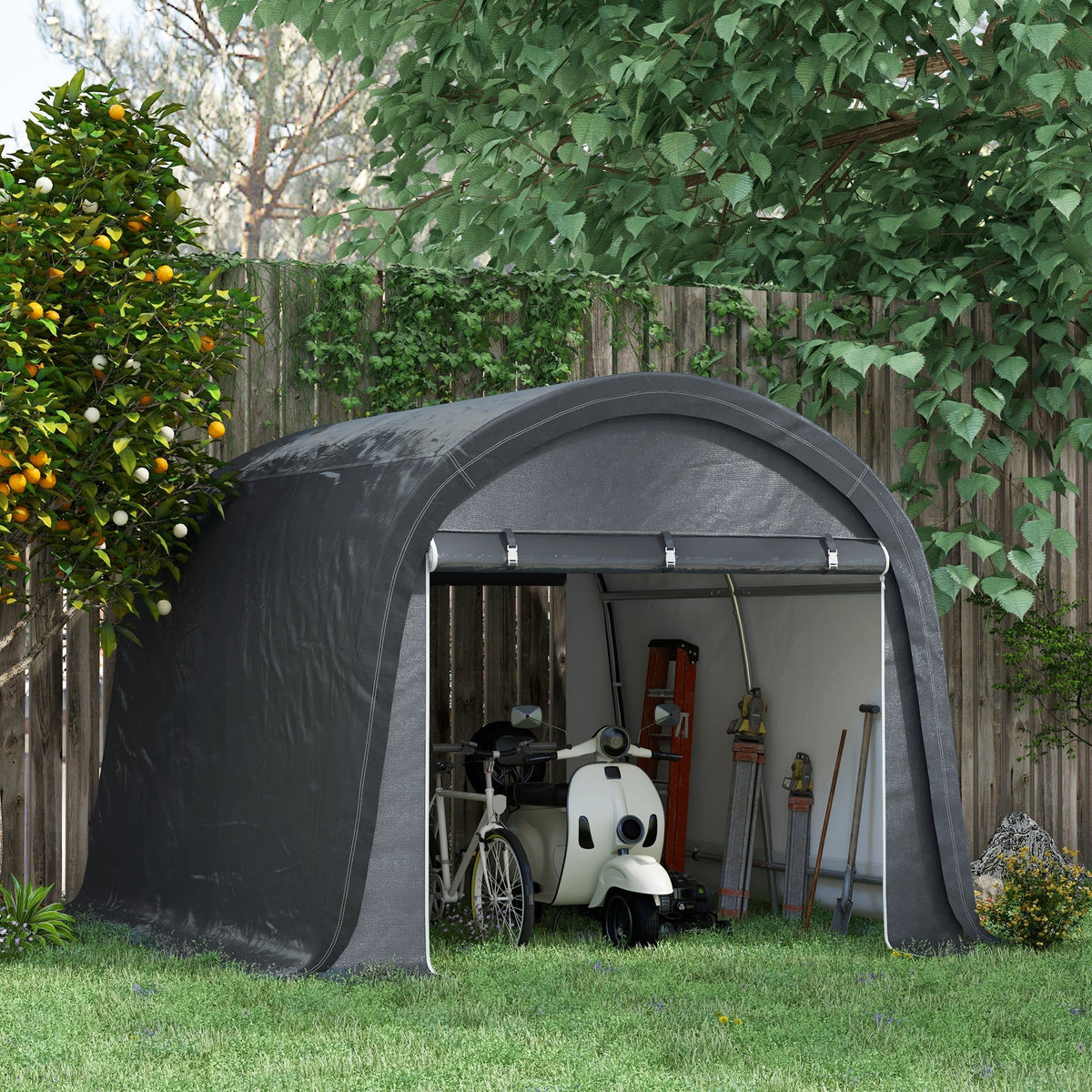Foil-Lined Garden Shed 3x3m UV/Water-Repellent Two Roller Doors, Steel/PE Grey
