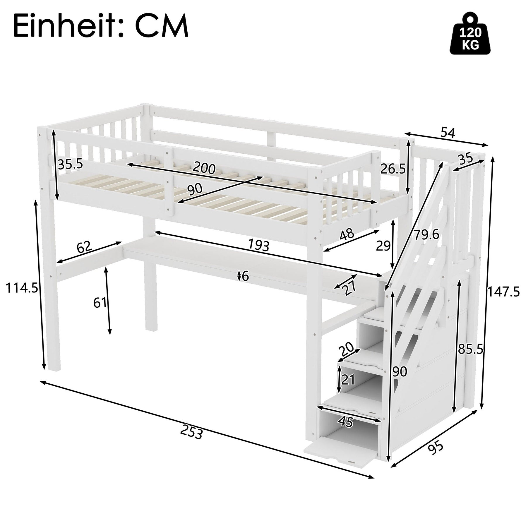 Loft Bed 90x200 Storage Drawers Under-Bed Desk - White