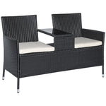 Polyrattan Garden Bench with Table, 2-Seater, Steel, Black