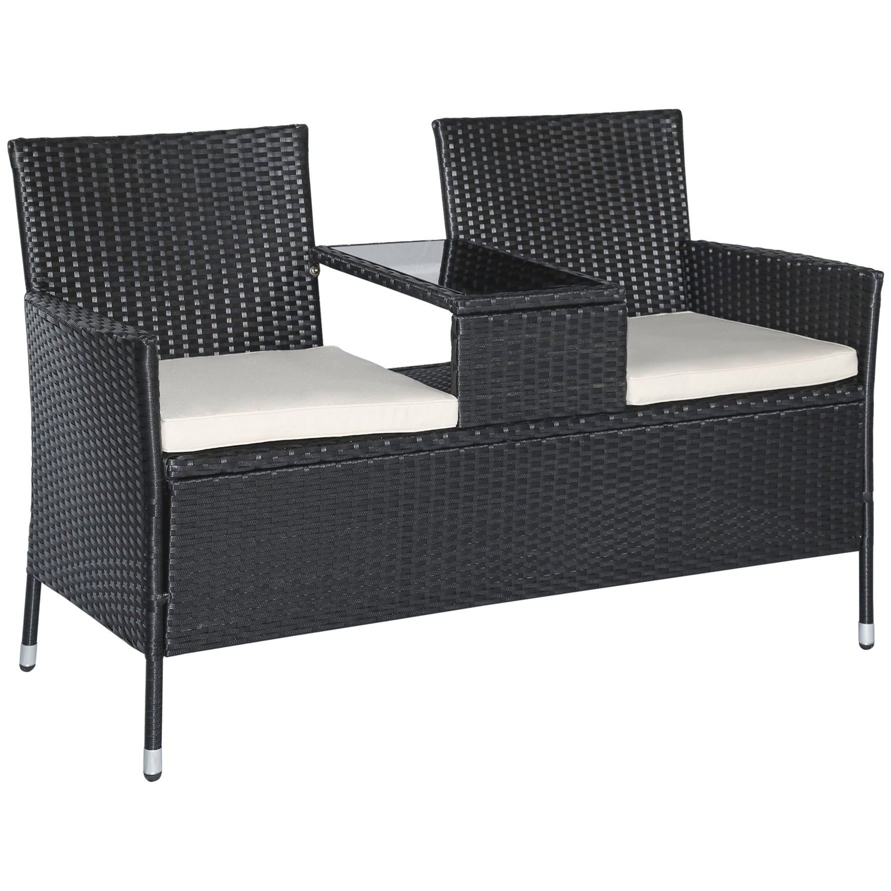 Polyrattan Garden Bench with Table, 2-Seater, Steel, Black