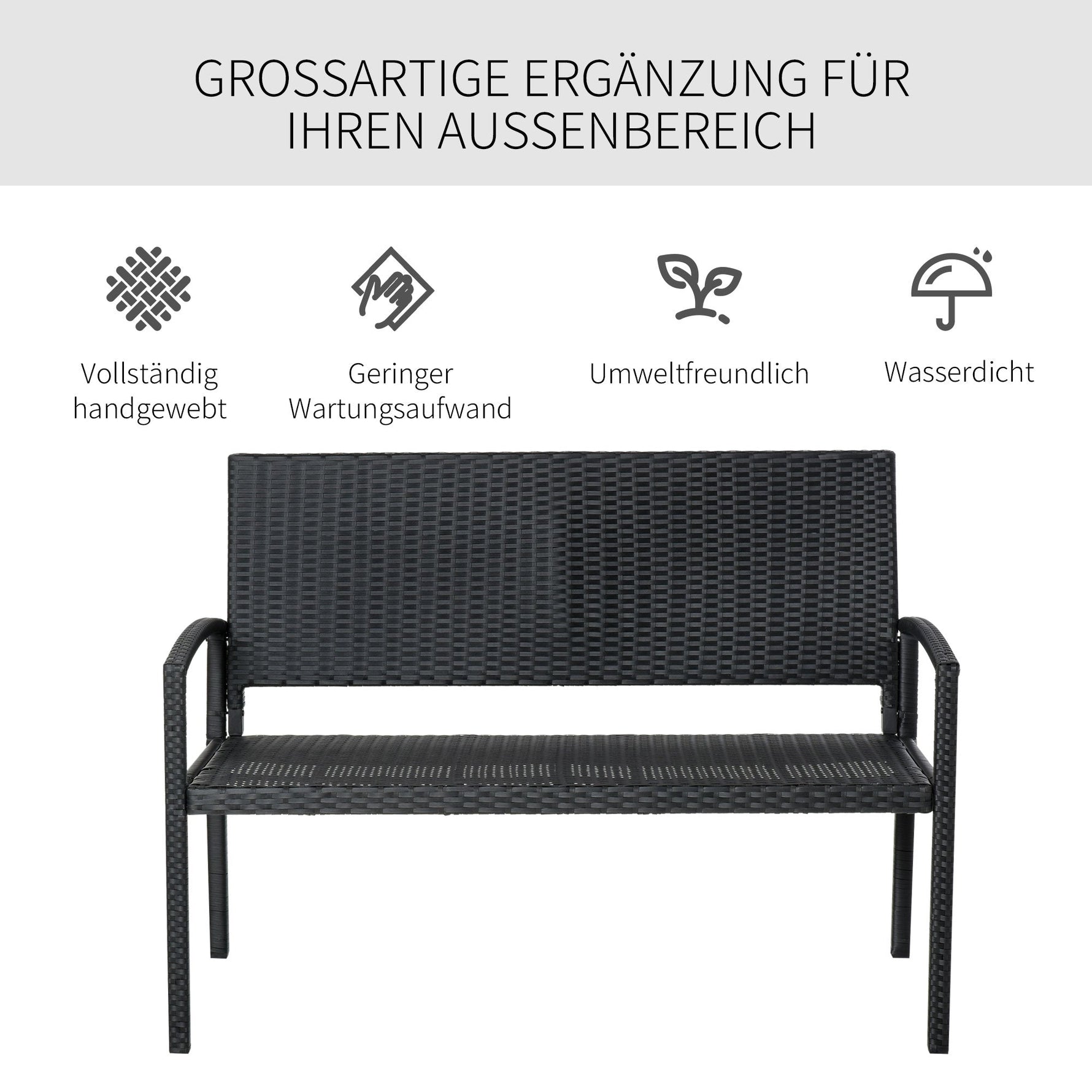 Polyrattan Garden Bench 2-Seater Park Bench Steel Frame Wicker, Black