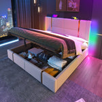 Upholstered Double Bed, USB C, APP Control, LED, Storage, Beige Linen