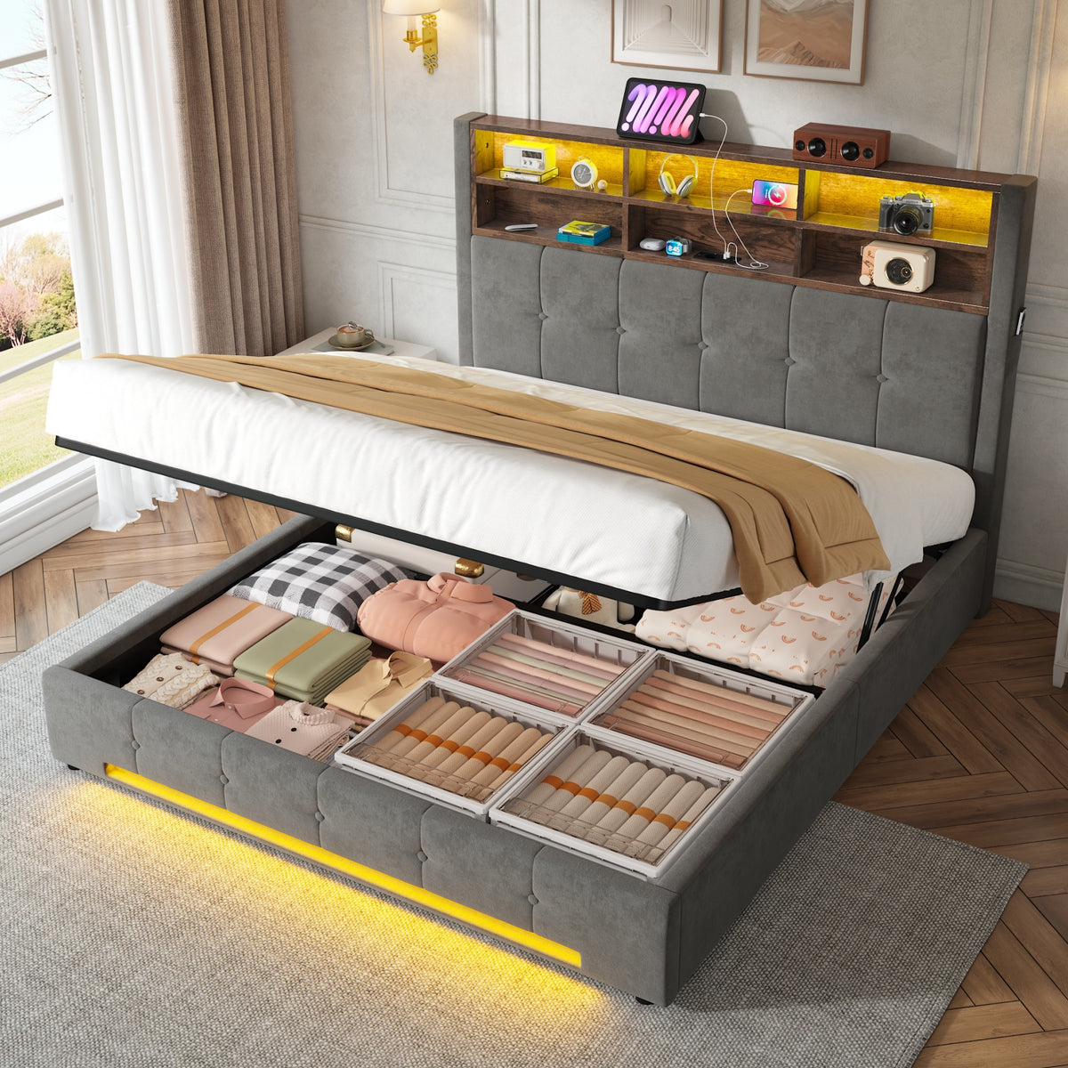 Storage Bed 160x200 with LED & USB Headboard, Velvet