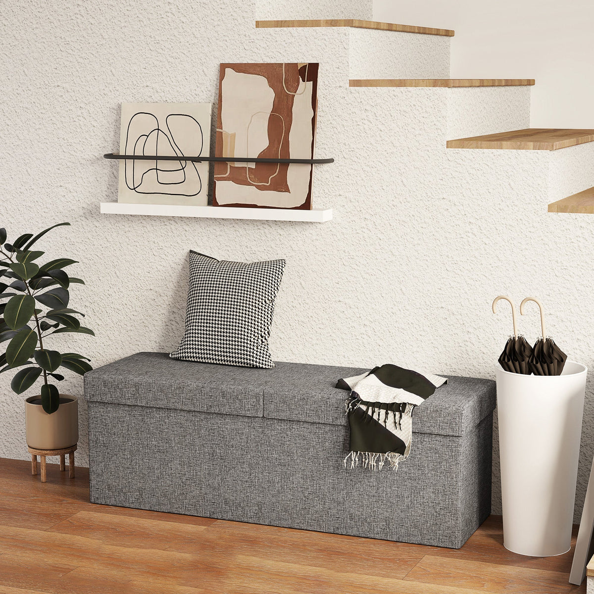 Folding Storage Bench, Separate Containers, Linen-Look, Dark Gray