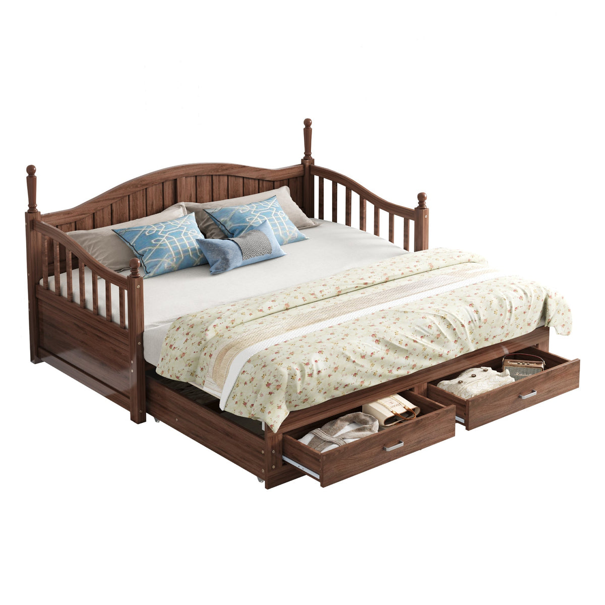 Sofa Bed, Pull-Out 90/180*190cm with Drawers & Slatted Frame, Solid Pinewood Walnut