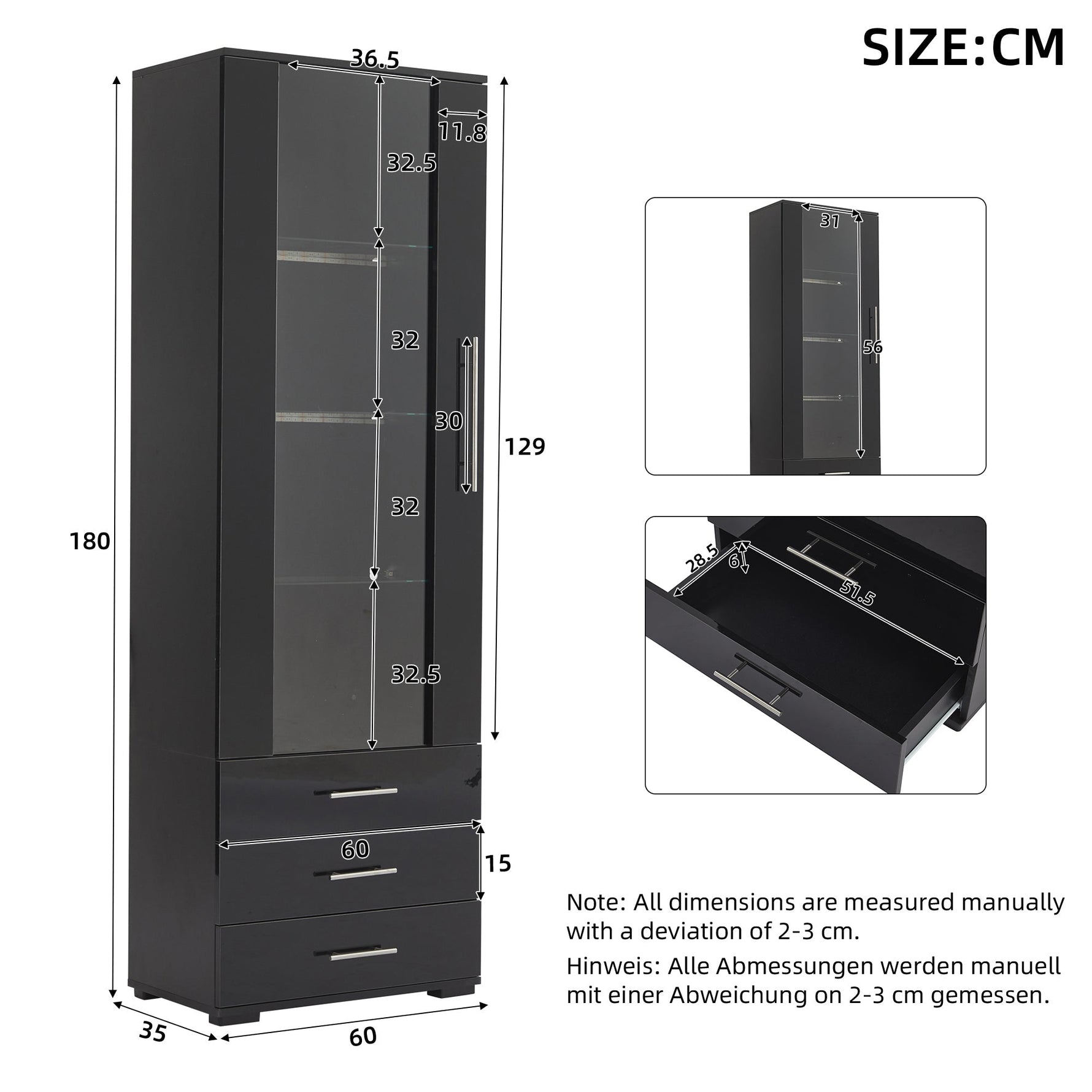 Display Cabinet, Vertical Freestanding LED 3 Drawers 60x35x180cm, Black High-Gloss Glass