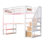 Metal Loft Bed with LED Light, Power Socket, Storage Ladder, Shelves and Desk, 90x200cm, White Metal