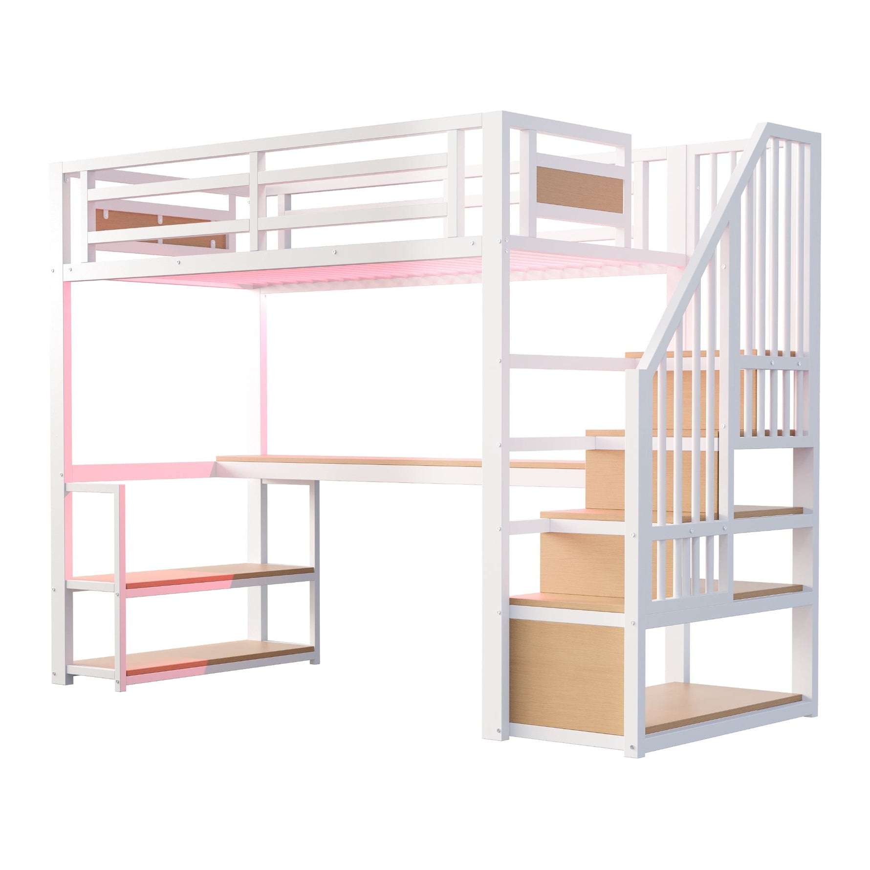 Metal Loft Bed with LED Light, Power Socket, Storage Ladder, Shelves and Desk, 90x200cm, White Metal
