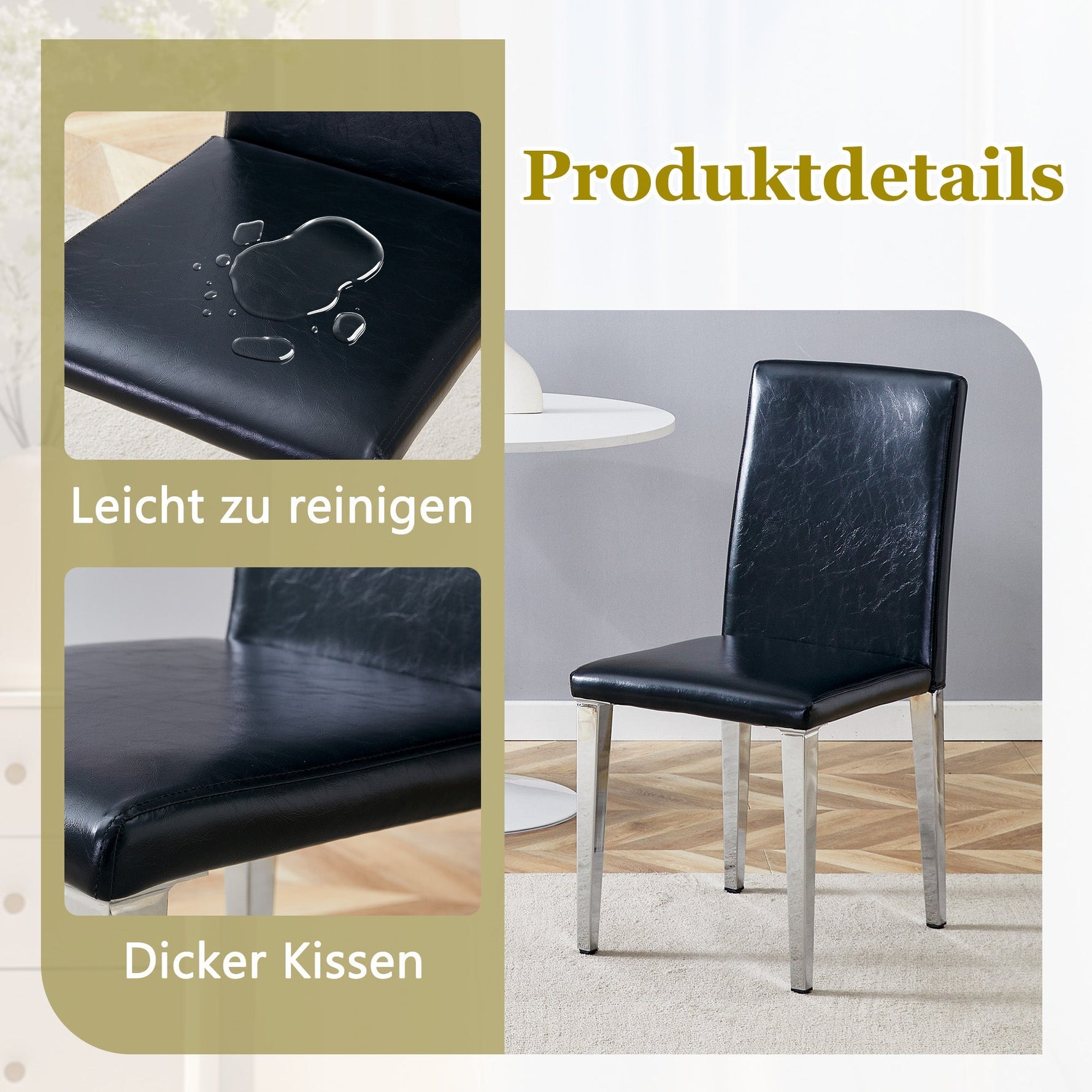 Minimalist Dining Chairs Set of 4, Modern Ergonomic Design with Metal Legs, Black PU Leather and Silver
