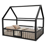 Metal Bed Frame 140x200 cm with House Trim & Railing, Black