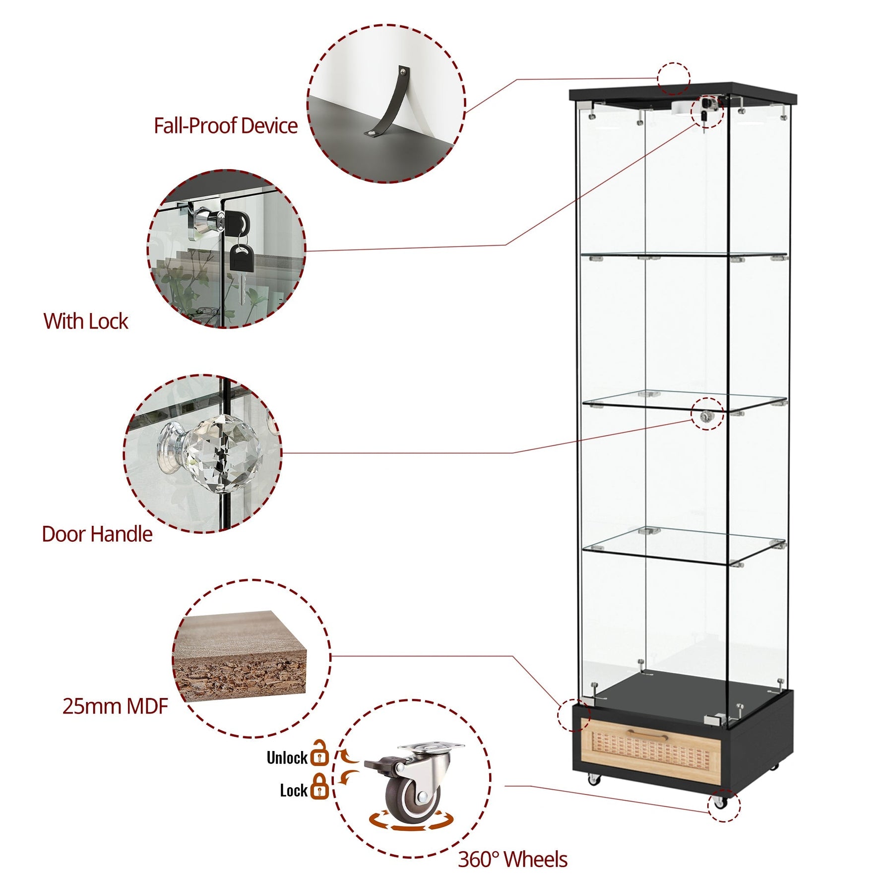Glass Display Cabinet with LED Lighting, Drawers & Tempered Glass Shelves, H167cm Black