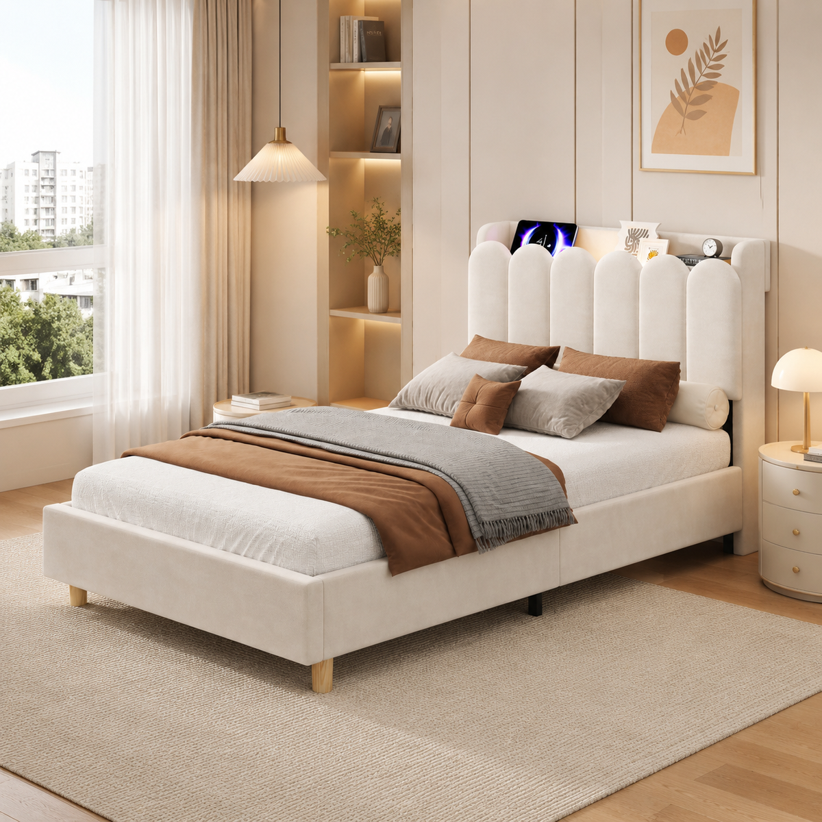 Upholstered Single Bed 90x200cm with USB & Lamp, Beige Velvet