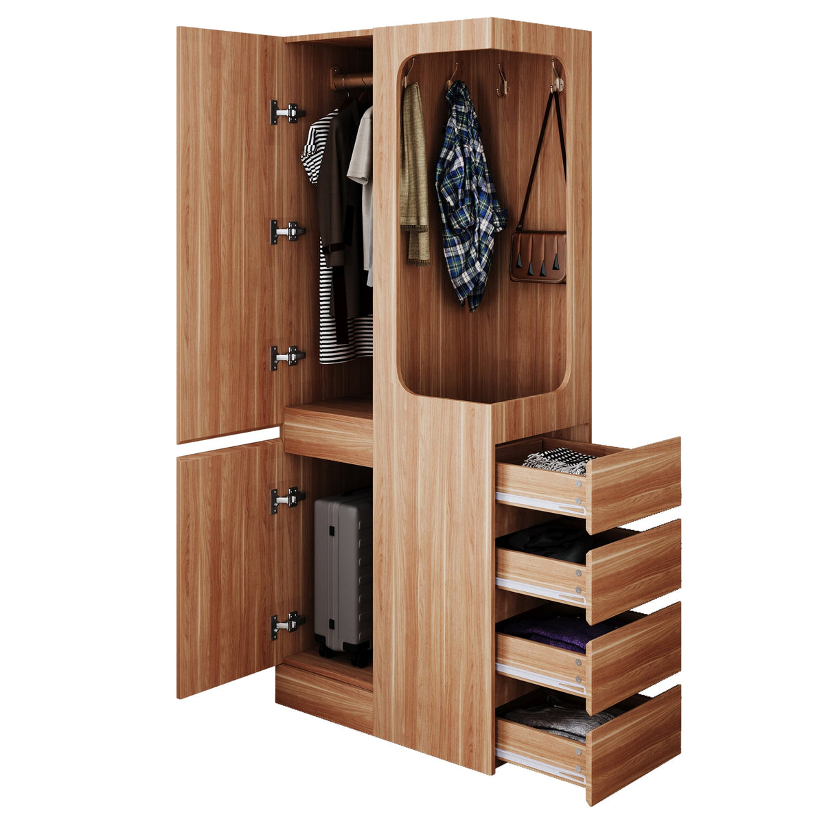 Wardrobe 70x40x170cm Drawers Single Door Open Storage - Wood Color